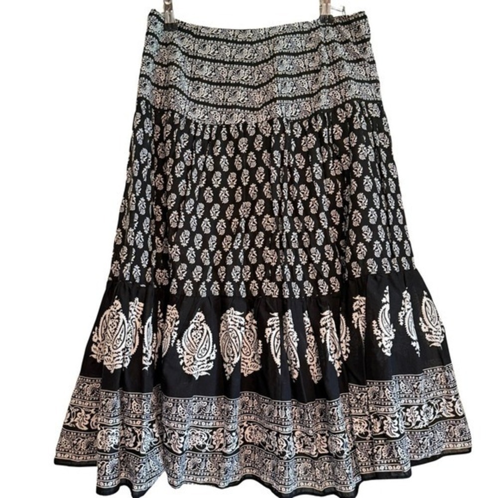 Chaps Skirt Midi Black White Block Print Tiered Cotton Zipper Lined 6 Boho